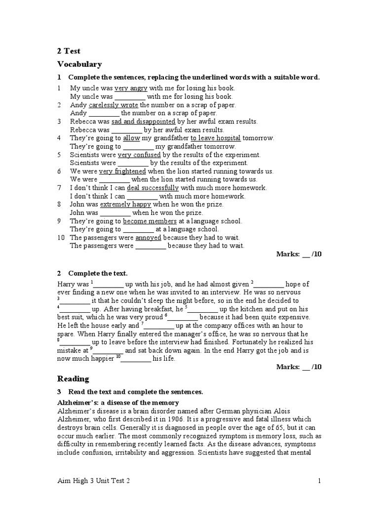 Aim High 3 Unit Test 2 | PDF | Alzheimer's Disease | Cognition