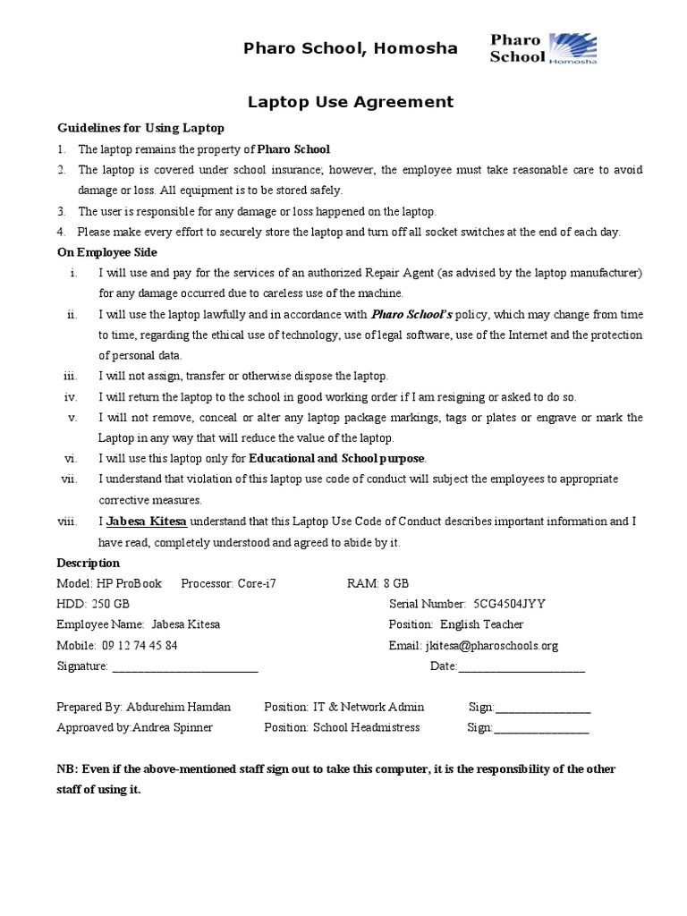 Pharo School Laptop Use Agreement | PDF | Laptop | Intel
