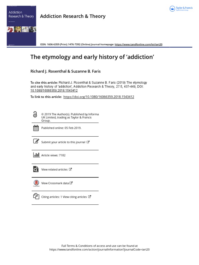 The Etymology and Early History of Addiction PDF Substance Use Disorder Diagnostic And