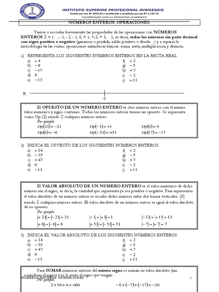 Operaciones con Números Enteros | PDF | Entero | Números