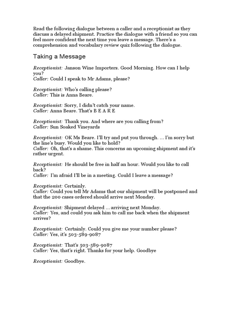 Telephone Message Taking Practice | PDF | Verb | Linguistics