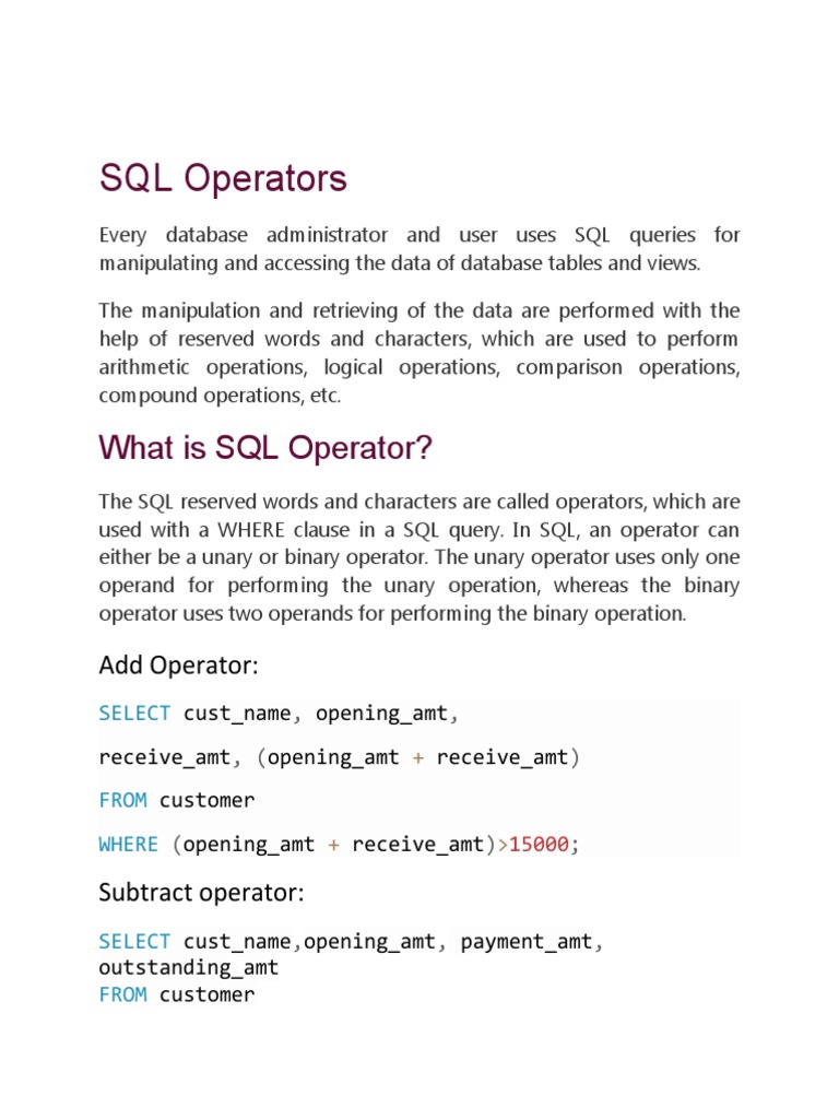 SQL Operators: What Is SQL Operator? | PDF | Finance & Money Management