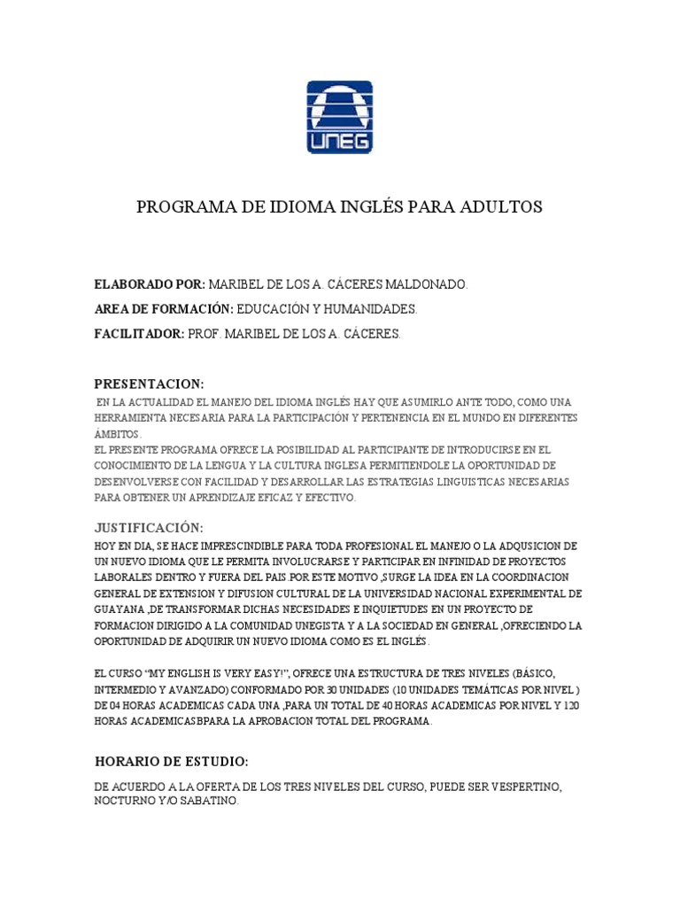 Programa de Ingles para Adultos Uneg | PDF | Evaluación | Competencia ...