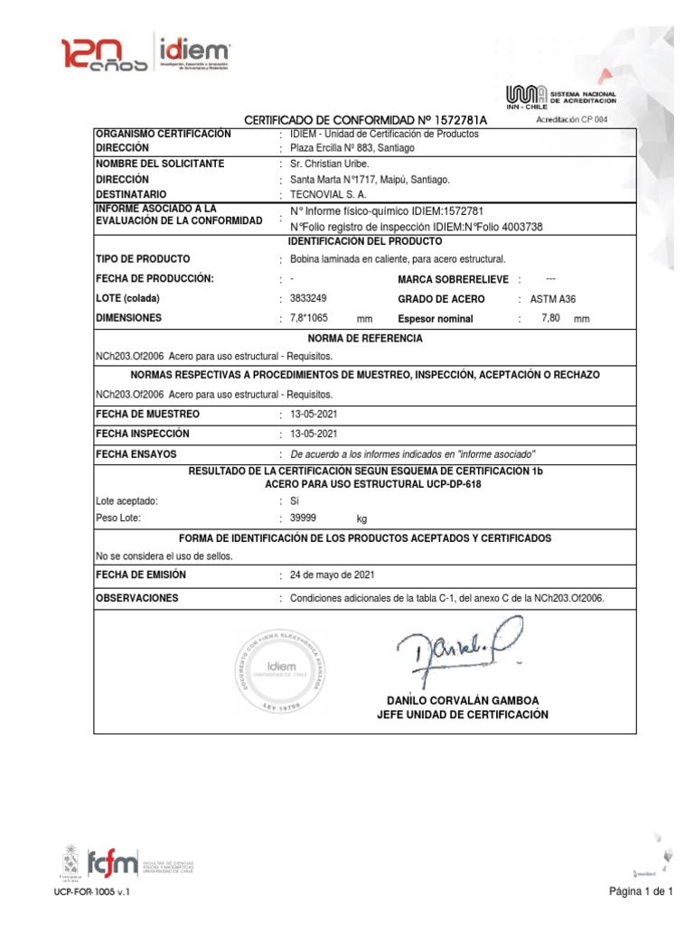 1572781A Certificado de Conformidad | PDF