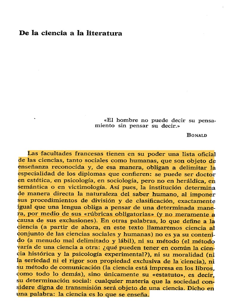 De La Ciencia A La Literatura - Barthes | PDF