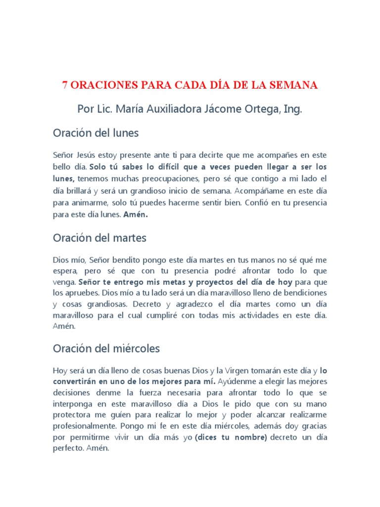 7 Oraciones para Cada Día de La Semana | PDF | Oración