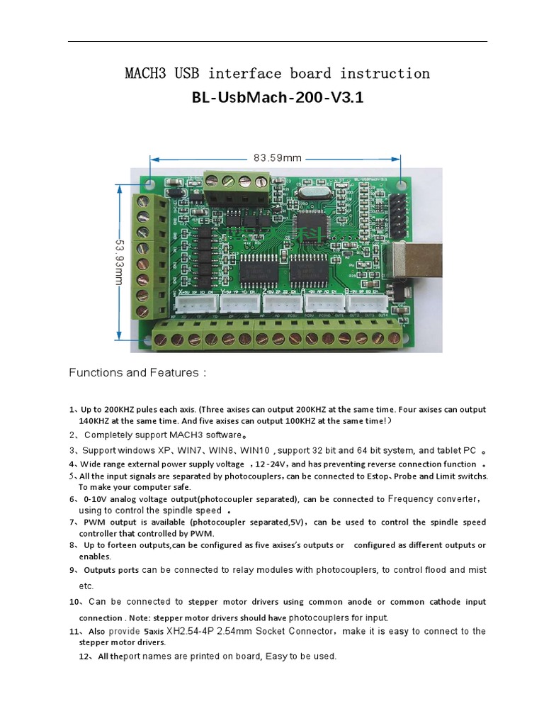 USB MACH3 Interface Board (BLUsbMACH200V3.1) Instruction PDF Usb