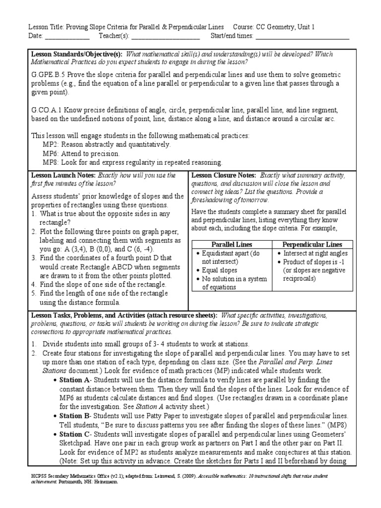 Slope Criteria for Parallel & Perpendicular Lines | PDF | Line ...