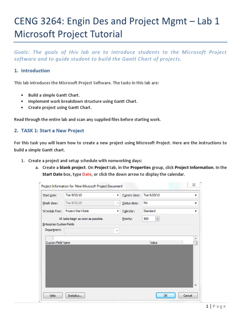 Ceng 3264 engin des and project mgmt lab 1 microsoft project