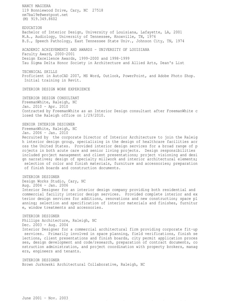 Nancy Magiera: Senior Interior Designer Resume | PDF | Interior Design ...