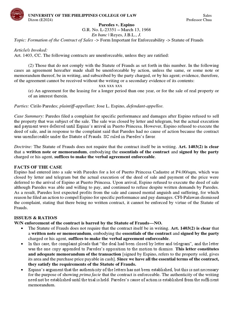Paredes v. Espino A Written Memorandum Satisfies the Statute of Frauds