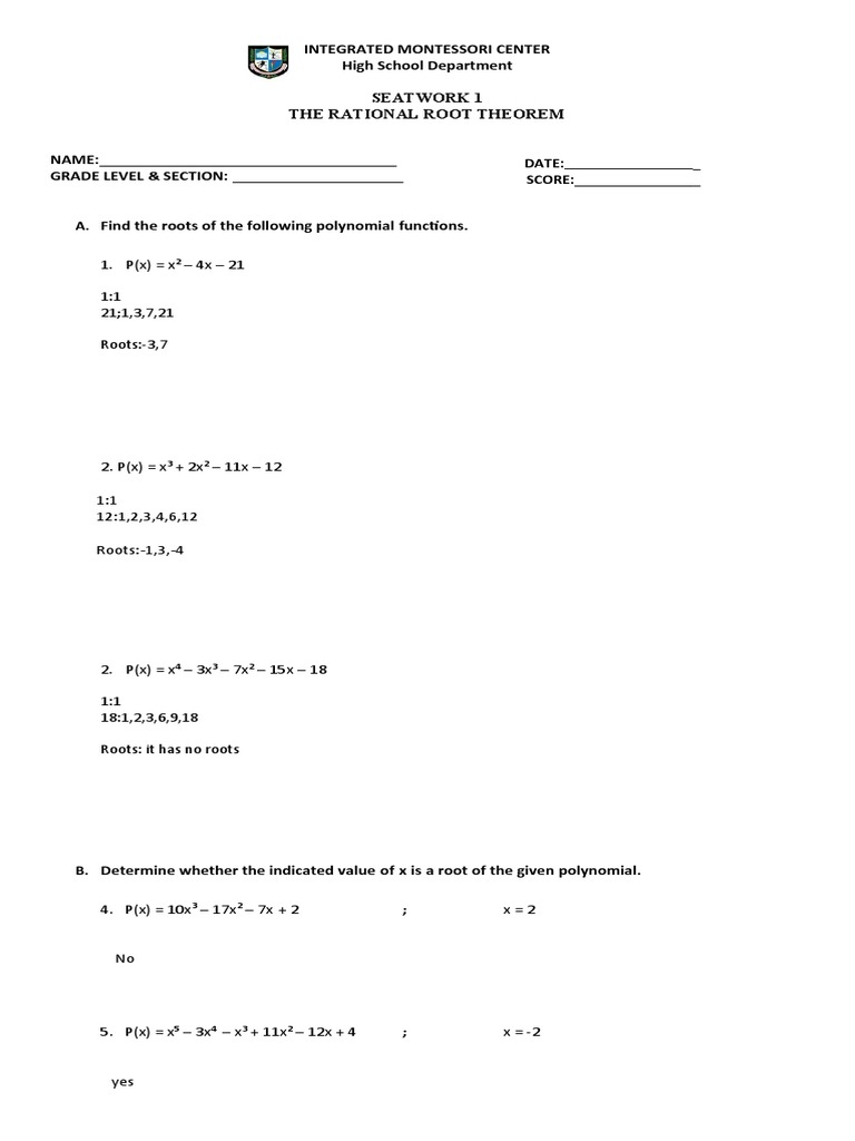 Rational Roots Theorem Worksheet PDF