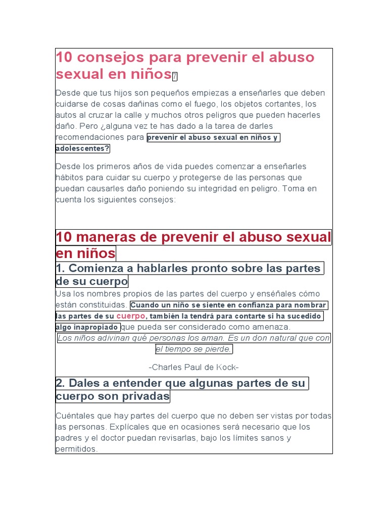 10 Consejos para Prevenir El Abuso Sexual en Niños | PDF | Abuso Sexual ...