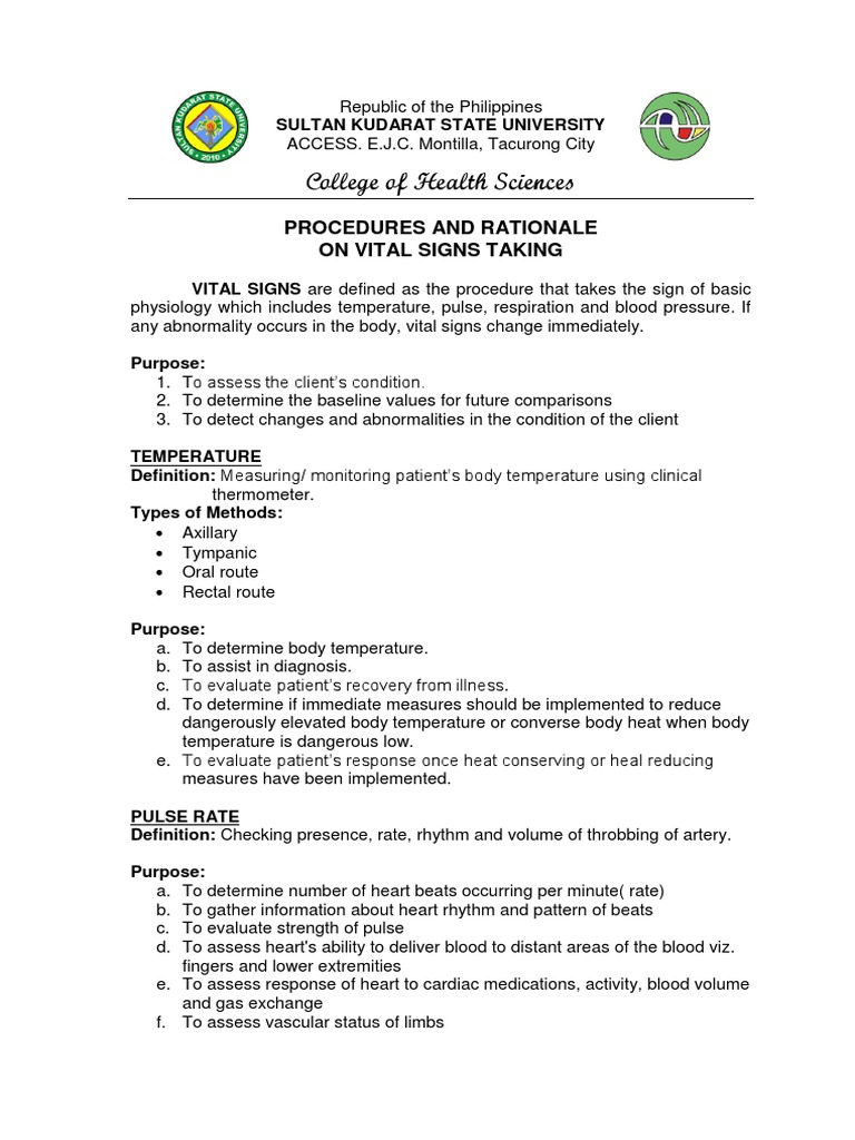 Vital Signs Taking Procedures Rationale Checklist New PDF