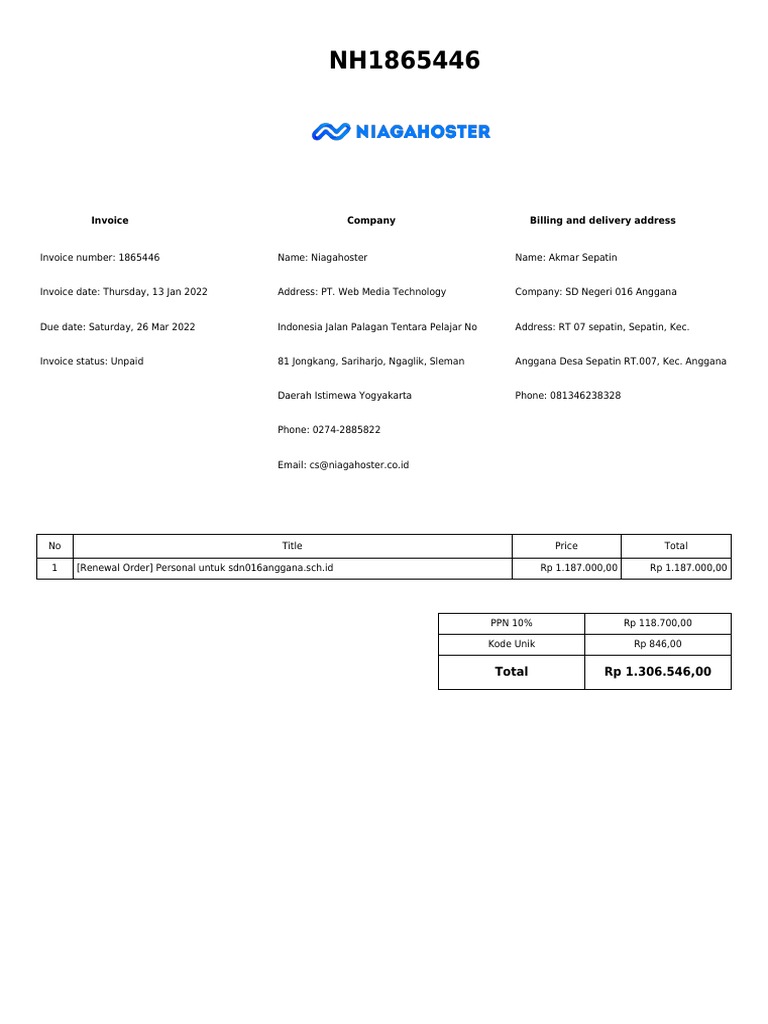 Invoice Company Billing and Delivery Address: Total RP 1.306.546,00 | PDF