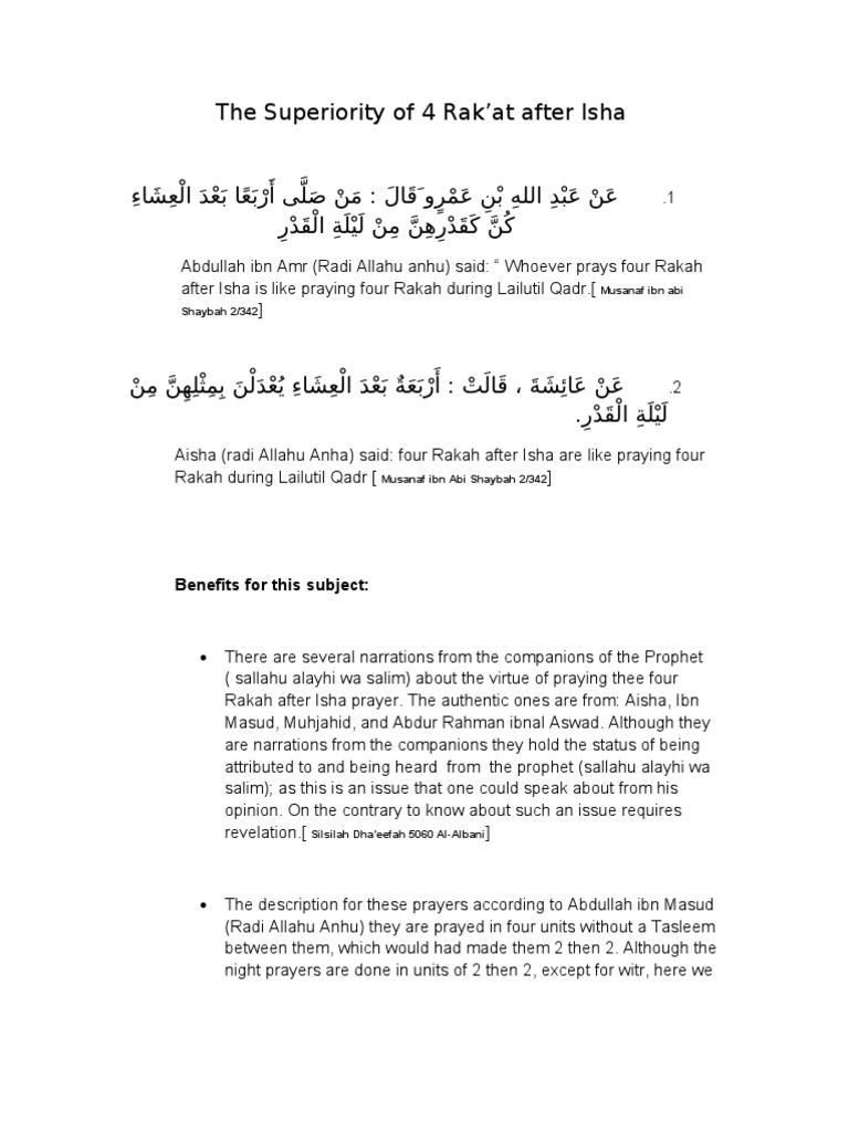 The Superiority of 4 Rakah After Isha | PDF | Banu Hashim | Islamic Ethics