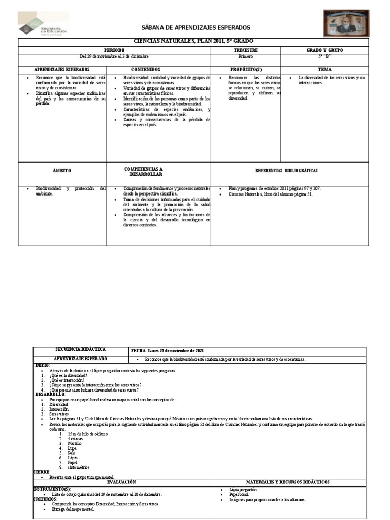 Planificacion de Ciencias Naturales Quinto Grado PDF Biodiversidad