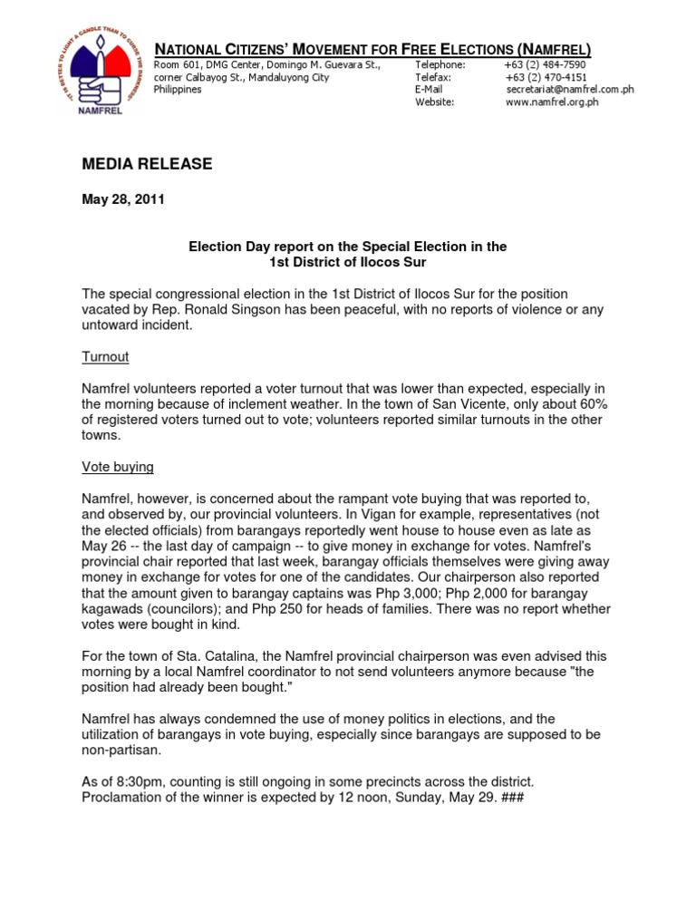 28may2011 NAMFREL Election Day Report On The Special Election in The ...