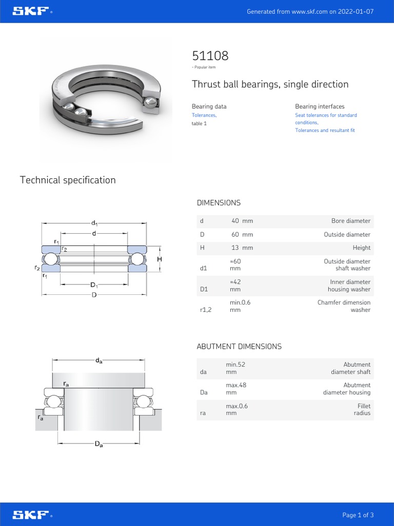 Thrust Ball Bearings, Single Direction Dimensions PDF License
