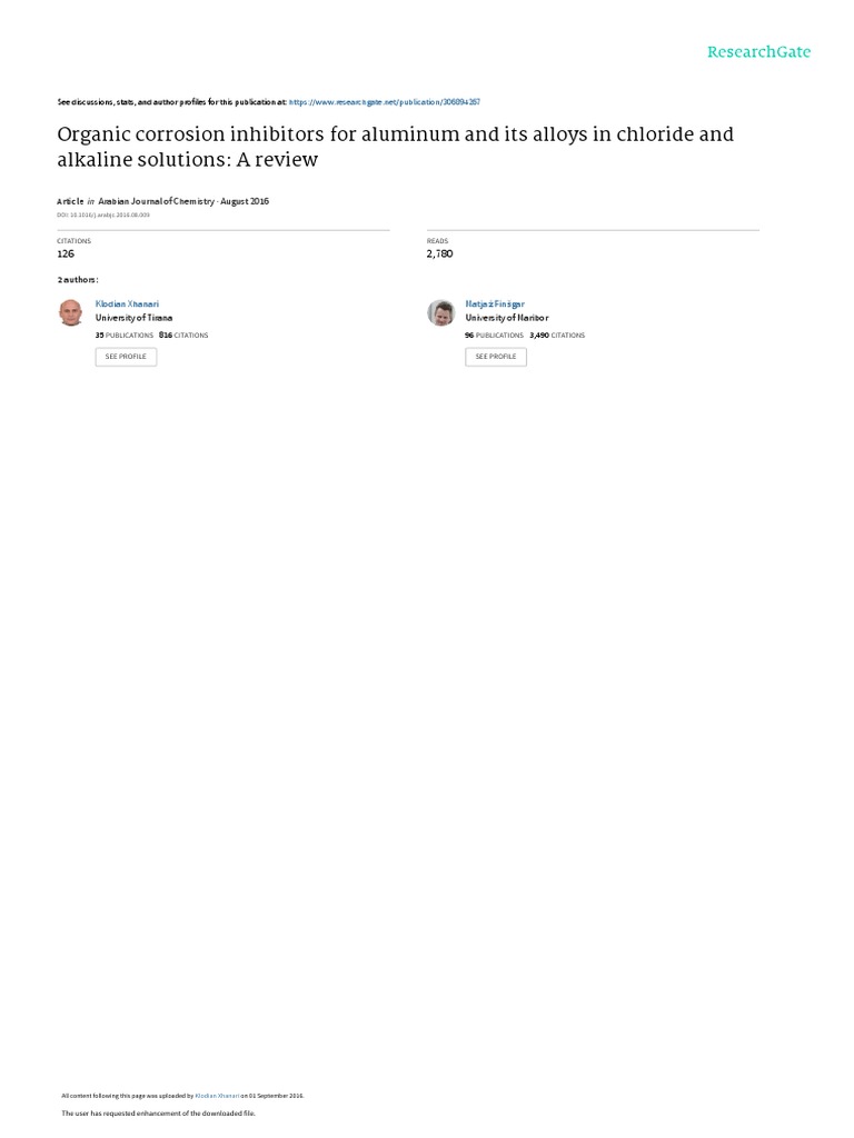 Organic Corrosion Inhibitors For Aluminum and Its Alloys in Chloride