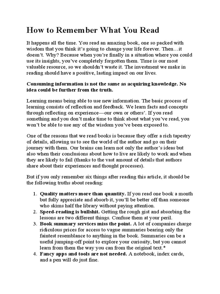 How To Remember What You Read PDF Books Neuropsychological Assessment