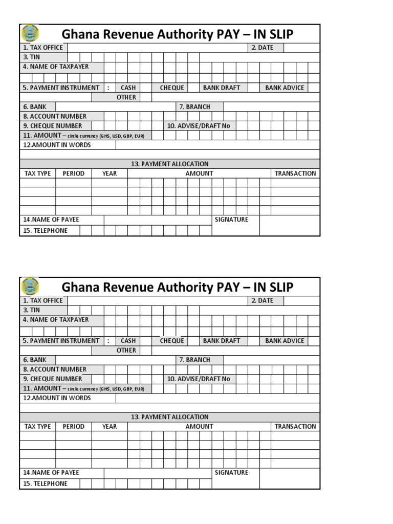 Ghana Revenue Authority Pay-In Slip Guide | PDF | Payments | Cheque