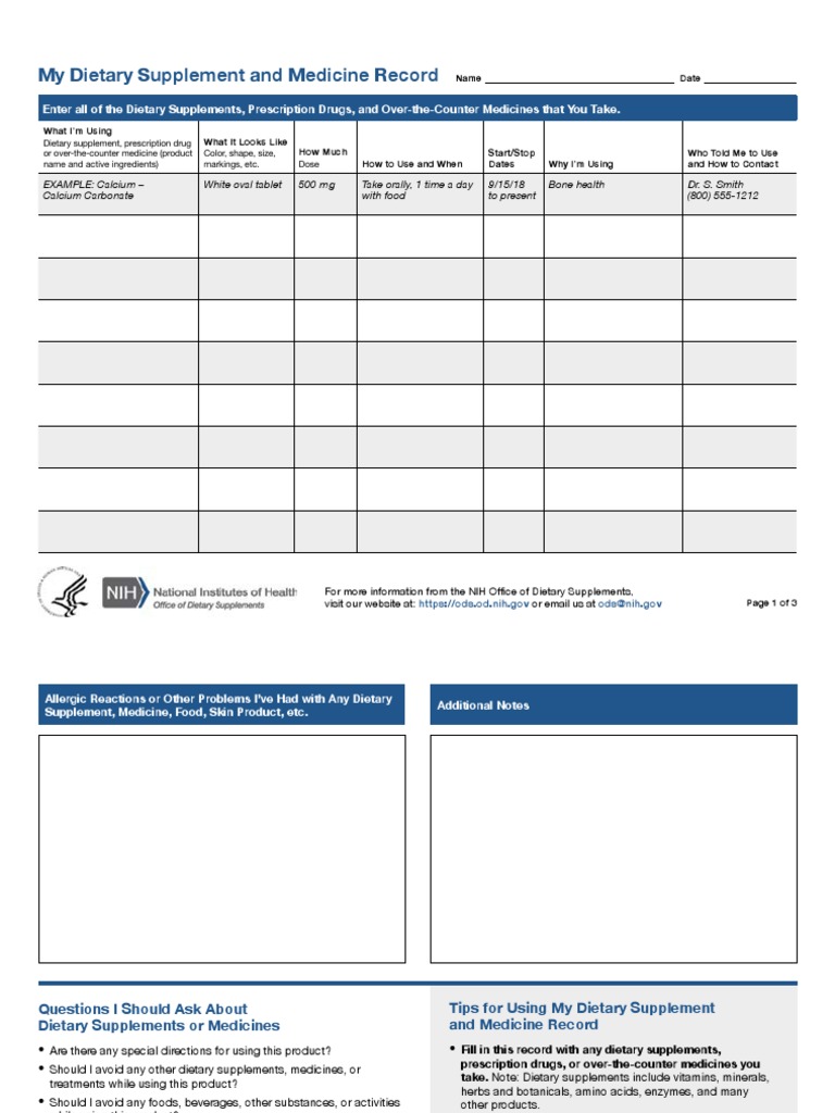 My Dietary Supplement and Medicine Record PDF Dietary Supplements Over The Counter Drug