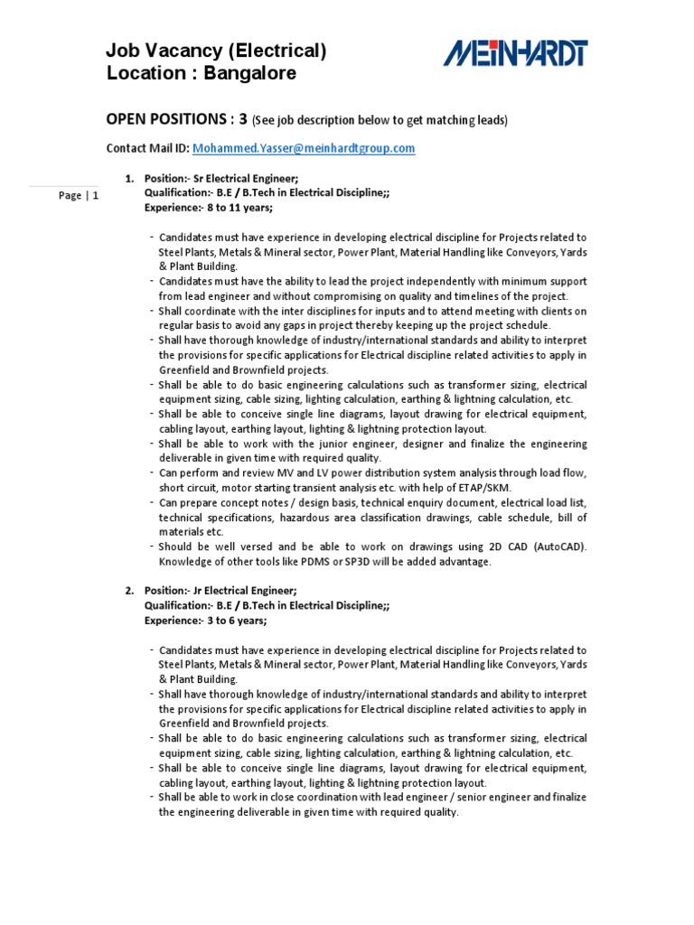Job Vacancies (Electrical) - Meinhardt Bangalore | PDF