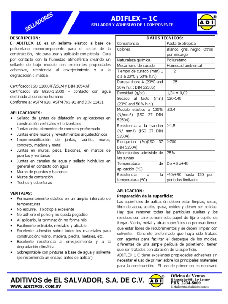 Adiflex 1C: Sellador y Adhesivo Poliuretano | PDF | Hormigón | Agua