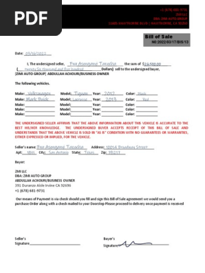 BILL OF SALE AGREEMENT FOR DEAR FNU ASONGANYI TAZOCHA