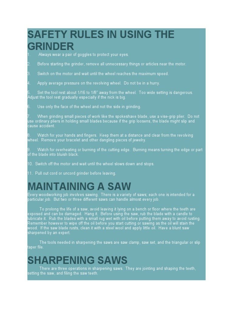 Safety Rules in Using The Grinder PDF Cutting Tools Crafts