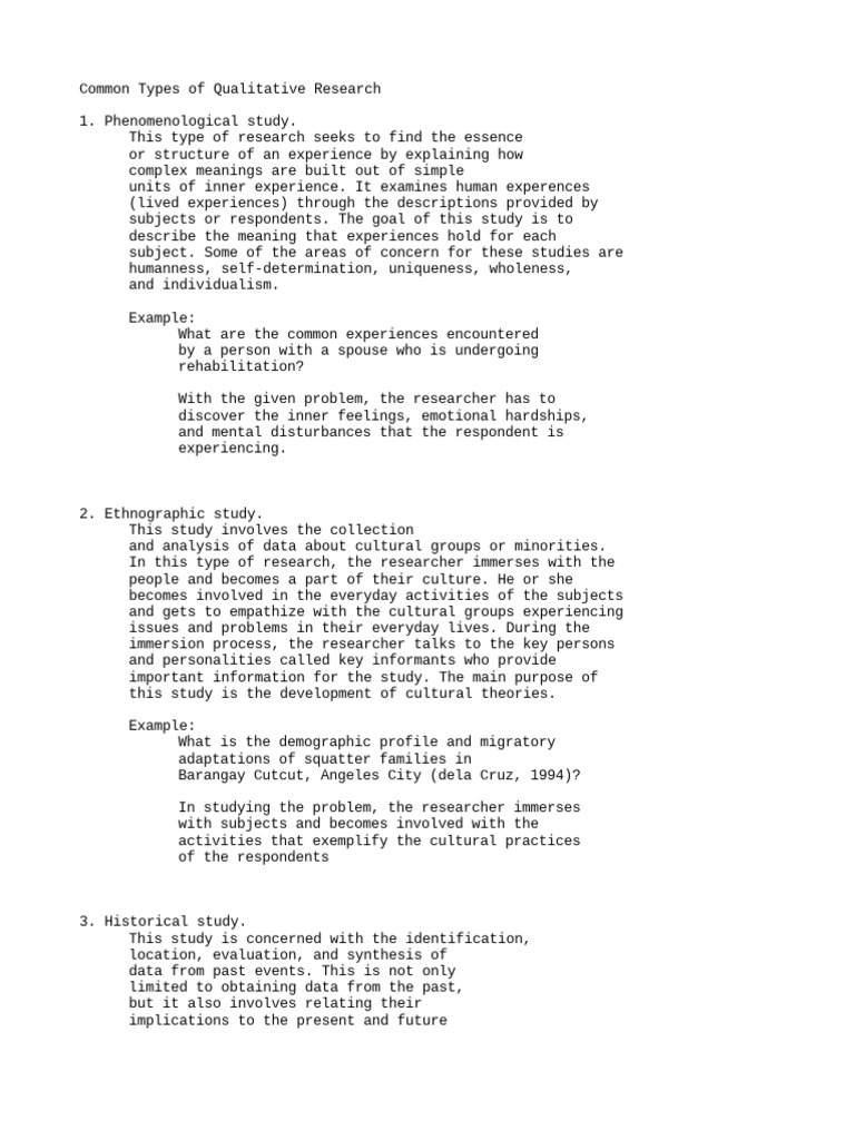 Common Types of Qualitative Research PDF Experience Qualitative