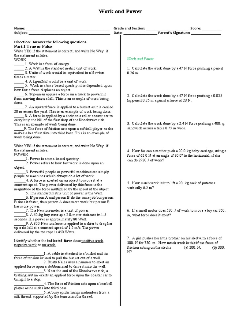 Work and Power Assessment Worksheet | PDF | Force | Physical Quantities