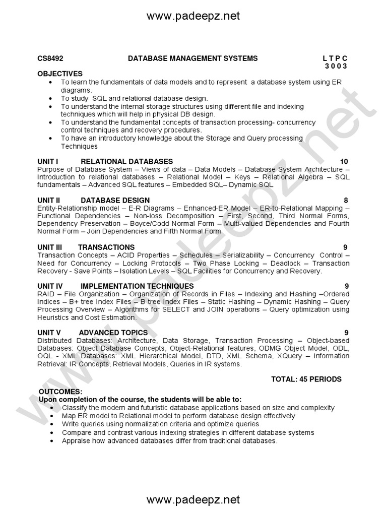 CS8492 Database Management Systems Syllabus | PDF | Relational Database ...