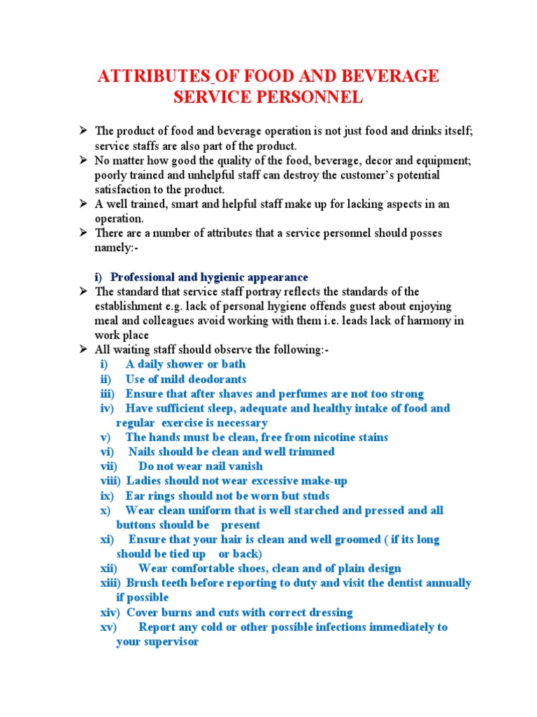 Key Attributes of F&B Service Personnel | PDF | Waiting Staff | Hygiene