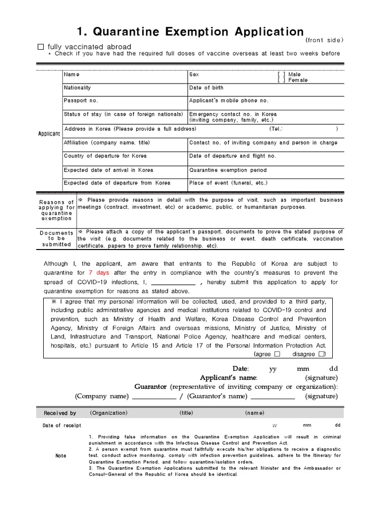Quarantine Exemption Application Fully Vaccinated Abroad PDF Quarantine Medicine