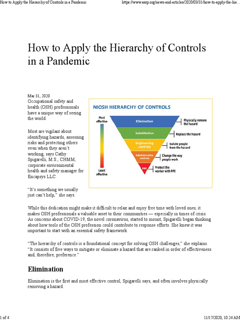 How To Apply The Hierarchy of Controls in Pandemic PDF Personal