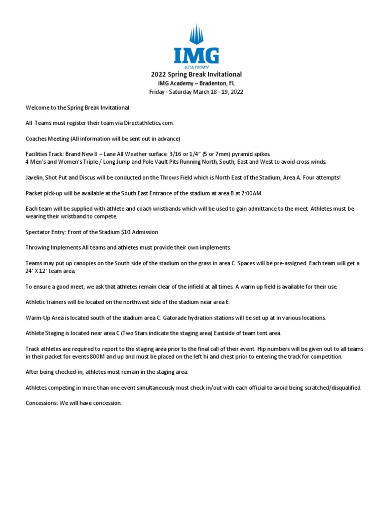 IMG Spring Break Invitational Meet Schedule PDF Track And Field