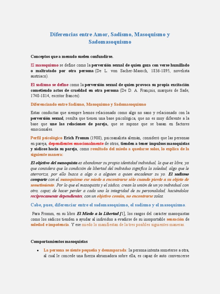 Diferencias Entre Amor Sadismo, Masoquismo y Sadomasoquismo PDF Sadomasoquismo Sicología