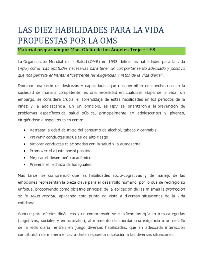 Habilidades para la Vida según la OMS | PDF | Las emociones | Aprendizaje