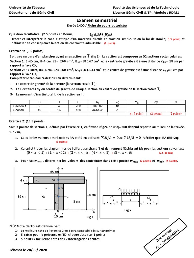 Examen RDM1 Génie Civil 2020 | PDF | Flexion (matériau) | Physique ...
