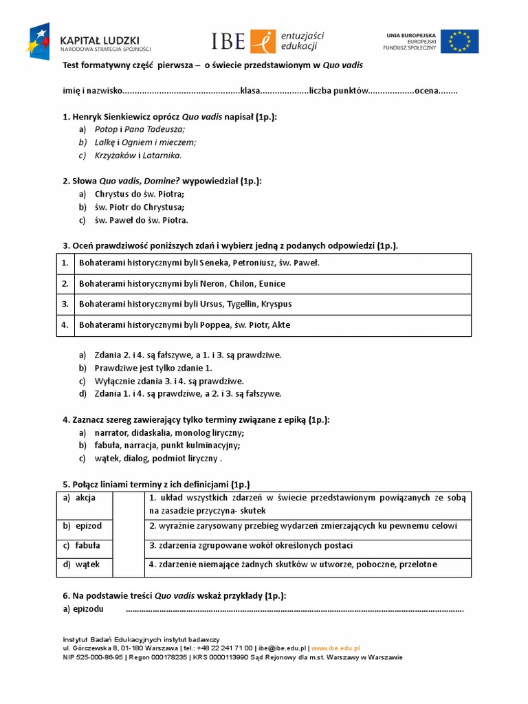 Test Quo Vadis Klasa 8 Quo Vadis - Test Formatywny - 97b3 | PDF