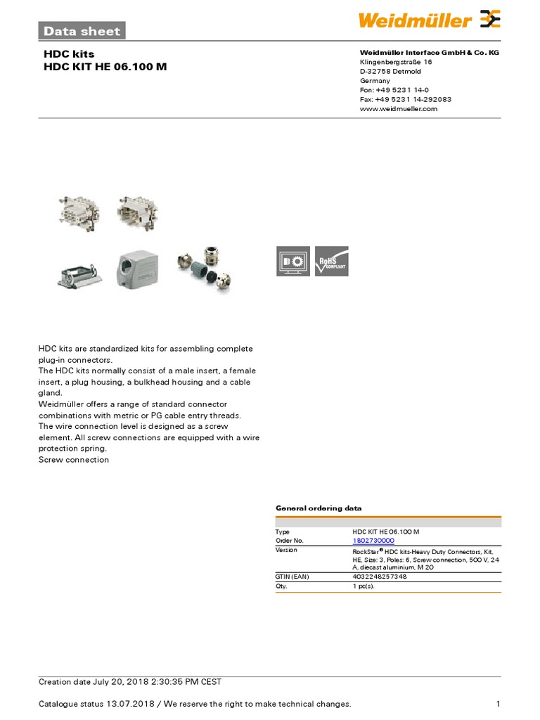 Data Sheet HDC Kits HDC Kit He 06.100 M PDF Electricity Equipment