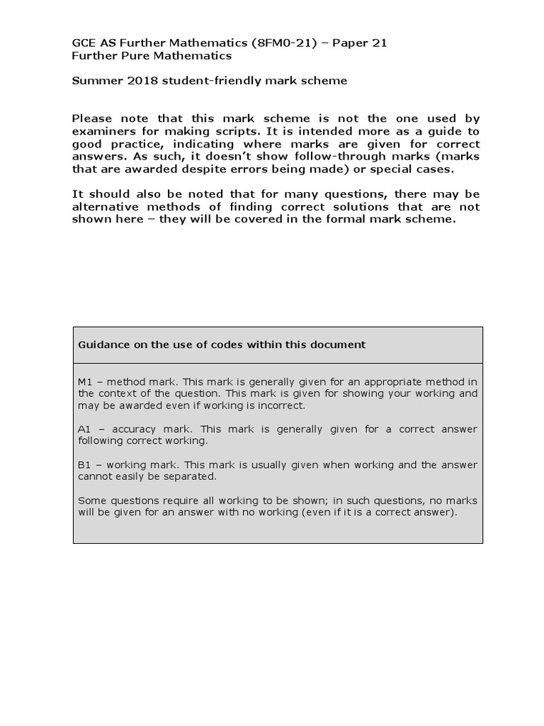2018 AS Further Math Mark Scheme | PDF | Mathematics | Applied Mathematics