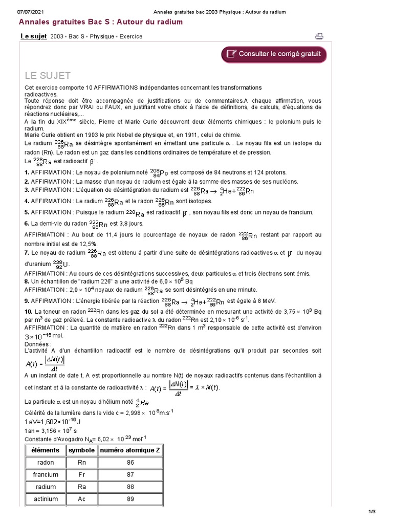 Annales Gratuites Bac 2003 Physique - Autour Du Radium | PDF | Noyau ...