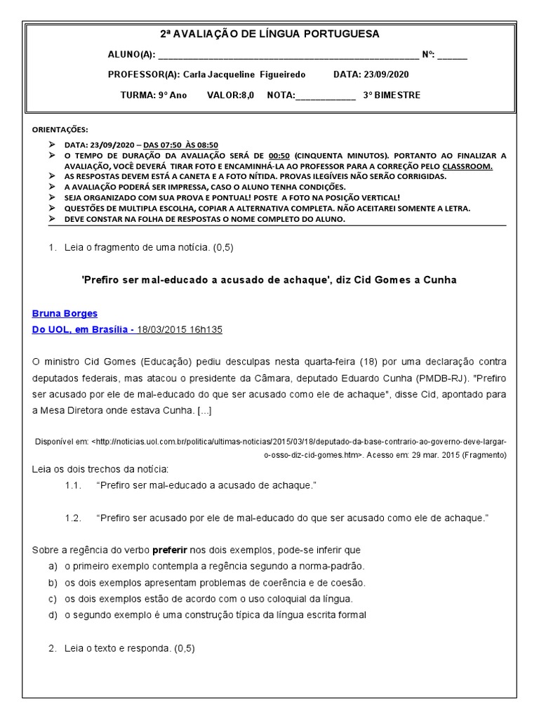Atividade de Língua Portuguesa - 9º Ano - 23-09-2020 | PDF | Linguística