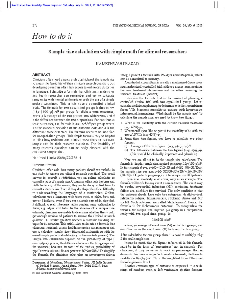 Howtodoit: Sample Size Calculation With Simple Math For Clinical ...