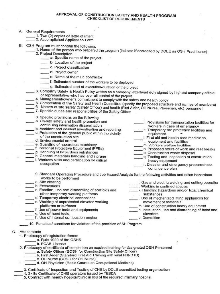 DOLE Construction Safety & Health Approval Checklist Form PDF