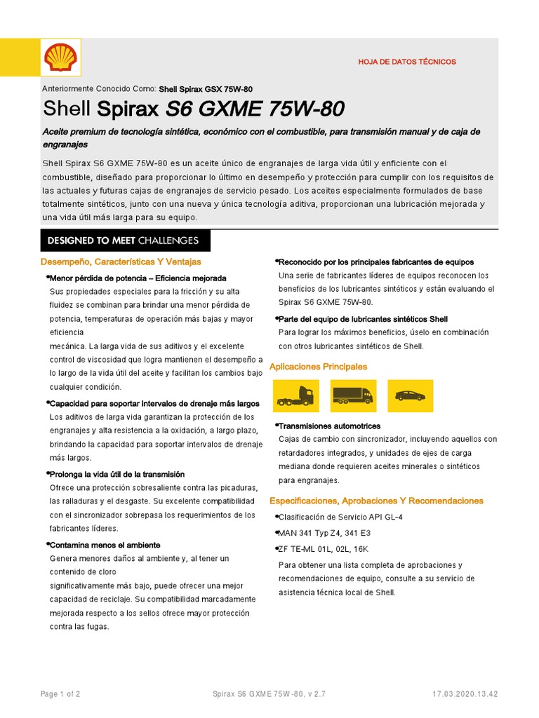 Tds Shell Spirax s6 Gxme 75w-80 | PDF | Engranaje | Lubricante