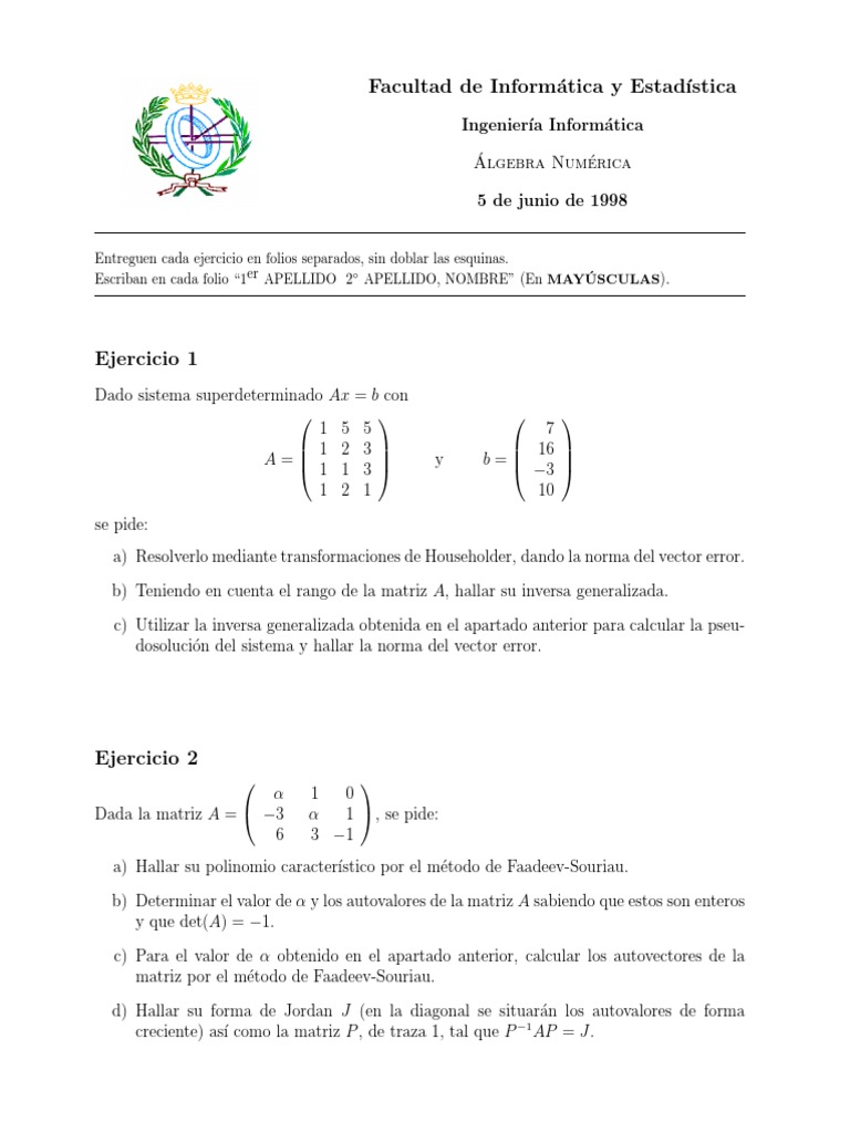 Problemas de Álgebra Numérica | PDF | Valores propios y vectores ...